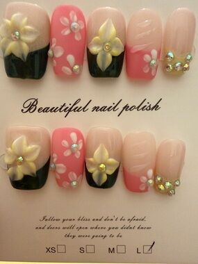 Pink Floral 3D Rhinestone Press-On Nails